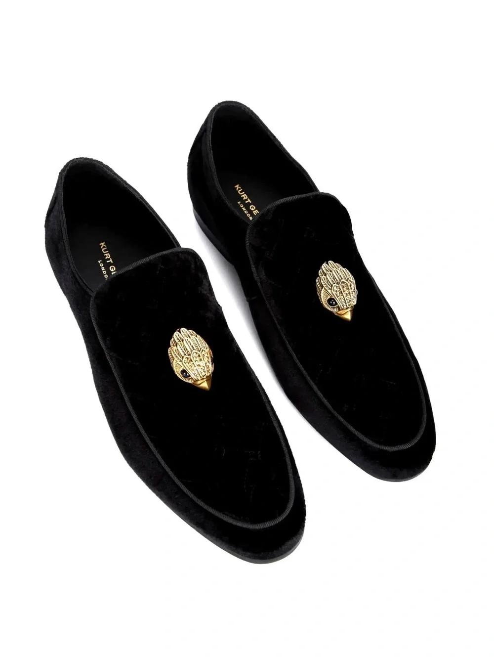 Kurt Geiger Black Velvet Slip-On Loafers with Gold Bird Emblem